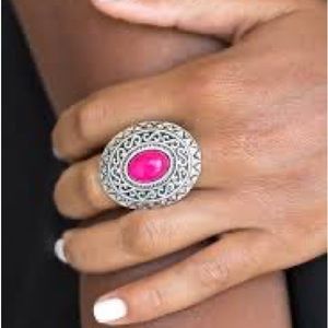 Pink Bohemian Silver Stretch Band Fashion Ring Womans Costume Jewelry Medallion